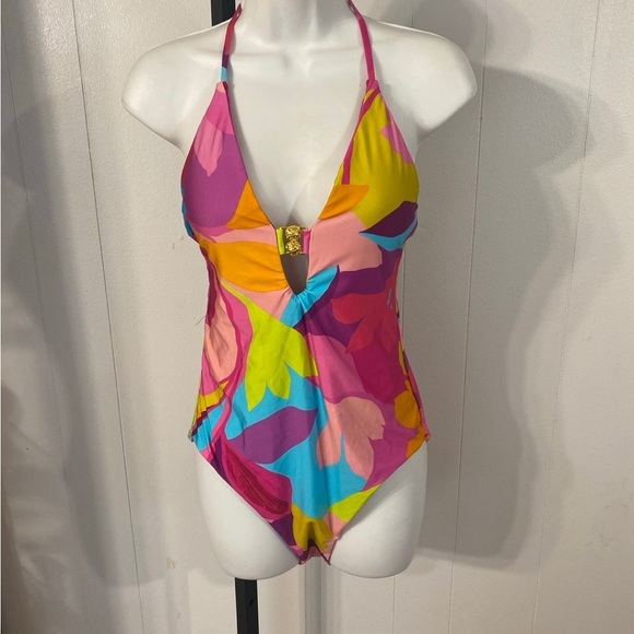 Trina Turk Womens Standard Lilleth One Piece Swimsuit Plunge Neck Floral size 10 - Picture 2 of 11
